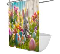 Couleurs Vives du Printemps Rideau de Douche Joyeuse pour Un Lapin de Pâques Œufs et Fleurs décorés colorés Rideau de Bain de Prairie Imperméable Lavable 120 x 180 cm