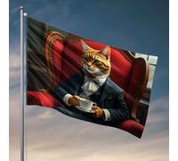 Country Boy Drapeaux Un chat dans un costume profitant d'une tasse de thé. Drapeaux décoratifs pour chambre (152 x 244 cm)