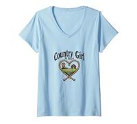 Country Girl at Heart Rustic Farm Cowgirl T-Shirt avec Col en V, Femme, Bleu Céleste, S