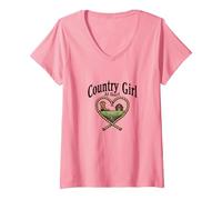 Country Girl at Heart Rustic Farm Cowgirl T-Shirt avec Col en V, Femme, Rose, L