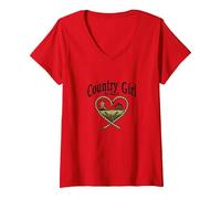 Country Girl at Heart Rustic Farm Cowgirl T-Shirt avec Col en V, Femme, Rouge, M