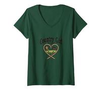 Country Girl at Heart Rustic Farm Cowgirl T-Shirt avec Col en V, Femme, Vert Forêt, L