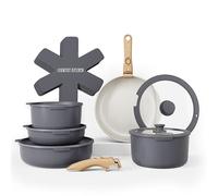 Country Kitchen Ensemble de 16 casseroles et poêles - Batterie de cuisine antiadhésive sans danger avec poignée amovible en bois doux au toucher - Passe au four (gris)