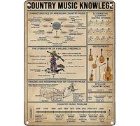 Country Music Knowledge - Plaque en métal vintage - 12 accords de guitare country - Impression rétro - Pour école, chambre, club, café, bar, cuisine, décoration murale - 40,6 x 61 cm