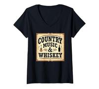 Country Music & Whiskey Vintage Western Homme T-Shirt avec Col en V, Femme, Noir, M