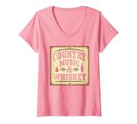 Country Music & Whiskey Vintage Western Homme T-Shirt avec Col en V, Femme, Rose, S