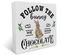 Country Rustic Follow the Bunny Panneau décoratif en bois pour bureau Motif lapin de Pâques Décoration murale 12,7 x 12,7 cm