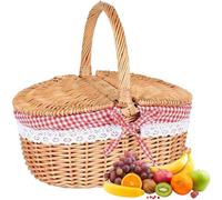 Country Wicker Panier de pique-nique en osier avec couvercle ovale pour enfant avec couvercle, poignée et doublures pour pique-niques, fêtes et barbecues (petite doublure) Rouge