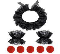 COUOCRE Clown Collar Noir Renaissance - Col Blanc Clown à Volants avec Manchettes, Mini Pompoms,Ensemble d’Accessoires pour Halloween Cosplay, Carnaval(Noir)