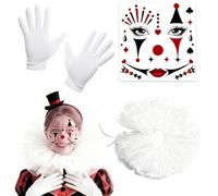 COUOCRE Col Blanc Clown en Tulle 20 cm avec Gants Blancs et Tatouage Facial - Ensemble Accessoires Clown Femme pour Costume de Carnaval & Cosplay