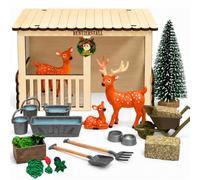 COUOCRE Kit de lutin de Noël complet, accessoires de lutin avec clapier de rennes, 3 rennes, écurie en bois, crèche de nourriture, boules à foin, brouette et accessoires miniatures pour porte de lutin