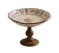Coupe à fruits en céramique motif floral, socle bois, plat de service rustique for apéritifs, décoration table style campagnard Bol à fruits pour table(Grand)