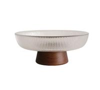 Coupe à fruits en verre côtelé avec base bois, plat de service décoratif moderne for la cuisine et table manger Centre de table fruits(Grand)