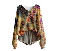 Coupe ample T-shirt à manches longues pour femme avec imprimé floral col rond doux respirant chemisier décontracté vêtements de tous les jours, jaune, XL
