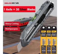 Coupe-Boîte Multifonction En Alliage D'aluminium Métallique,Niveau Horizontal,Outil À Bulles,Meaccelerruler,Couteau Utilitaire À Lame Rétractable De 18mm - Type 1knife 30blades #B