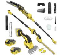 Coupe-bordure et pôle sans fil 6 en 1, mini scie à chaîne de 8 inch et coupe-bordure, moteur brushless, réglable de 0 à 180°, étendu jusqu'à 4,2 m, 2 batteries de 4,0 Ah, idéale pour la coupe de cire