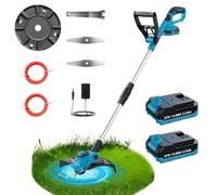 Coupe Bordure Sans Fil 21V, KUZUPRO Débroussailleuse à Batterie Brushless avec 2 Batteries 2.0Ah, 2 Lames, Poignée Réglabl, 2 Lignes de Coupe, Tube Télescopique, Tête Pivotante 90° pour Jardin Élagage