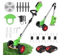 Coupe Bordure sans Fil 800W, Débroussailleuse Électrique Pliable avec roulettes, 2 Batteries 21V Haute Capacité, 4 Types de Lames (Kit 4-en-1), Tête 90° & Manche Réglable, pour Jardin, Pelouse (Vert)
