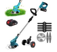 Coupe Bordures sans Fil 21V, DéBroussailleuse à Batterie Electrique avec Batterie 1300mAh et Chargeur, 8 Lames, Tête Pivotante 90°, Roulette auxiliaire, Faible Bruit pour Jardin Élagage