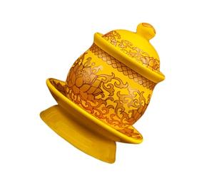 Coupe D'offrande D'eau Bouddhiste Style Classique Jaune, en Céramique | Motifs de Augure, Surface Lisse et Délicate, pour Eau Bénite, Buddha, Salon de Thé et Contemplation