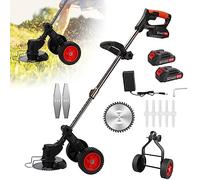 Coupe-Herbe électrique sans Fil 21 V avec poignée en D, débroussailleuse à 2 Roues, Coupe-Bordures et débroussailleuse 3 en 1 sans Fil, Coupe-Bordures Rechargeable avec 2 Batteries