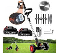 Coupe-Herbe électrique sans Fil 21v, Désherbeur à Roues, Débroussailleuse De Jardin Pliable Portable avec 2 Batteries Et 3 Types De Lames De Brosse, pour L’élagage De La Tondeuse