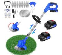 Coupe-Herbe sans Fil 2 en 1, Coupe-Bordure sans Fil (Installation Facile, Manche télescopique en continu, 10 Lames métalliques incluses) Livré avec Batterie 2X 1,5 Ah et Chargeur, Bleu