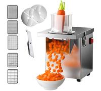 Coupe-légumes électrique commercial - 5 grilles + 1 lame à trancher, épaisseur de coupe réglable de 2 à 4 mm, couvercle de sécurité avec arrêt automatique, utilisation en cuisine