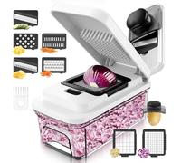 Coupe légumes et fruits multifonction avec 7 lames en acier inoxydable - Mandoline de cuisine avec bac collecteur de 1,2 L, en plastique sans BPA et compatible lave-vaisselle