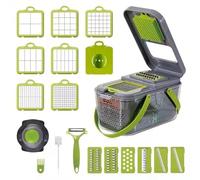 Coupe-Légumes Multifonction 22 en 1 avec 13 Lames Inox, Mandoline avec Bac 2,4L, Égouttoir, Poignées, Boîte de Rangement Frigo, hachoir, Râpe et Éminceur Fruits Légumes Fromage