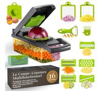 Coupe Legumes Multifonctions, 16 en 1 Mandoline Cuisine, Coupe Legume Manuel, Mandoline Multifonctions, Decoupe Legumes avec 7 Lames Réglable, Coupe Oignon pour Oignons, Tomates, Carotte, Concombre