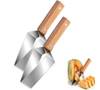 Coupe-pastèque triangulaire en acier inoxydable - Trancheuse de fruits rapide avec poignée en bois pour pastèque, cantaloup, miellat, pommes, gadget de cuisine facile pour barbecue d'été (2 pièces)
