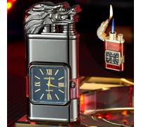 Coupe-Vent avec Lunette de Montre Vintage, Torche à Flamme à Jet, Briquet à Double Flamme pour Homme et Doux, Cheval/Tigre/Dragon Animaux, Rechargeable au Gaz Butane (Couleur : B)