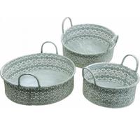 Coupelle décorative vintage Set de cache-pots avec poignées, coupelles à plantes en métal 3 pièces, Shabby Chic coupelle décorative en zinc, vert/blanc