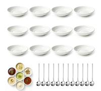 Coupes à Sauce Lot de 12 Empilables Petites Coupelles Rondes Blanches | Coupelle Dessert,Avec 12 Cuillères,Lavable au Lave-Vaisselle,Idéale pour les Sushis, les Amuse-Bouches et les En-Cas