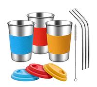 Coupes en Acier Inoxydable avec couvercles, Manchons et pailles en Silicone | 3 Pack 16 oz. Gobelets à gobelets pour Les Tout-Petits et Les Adultes