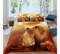 Couple d'animaux Lion Housse De Couette 220X240 Cm Parure De Lit en Microfibre 1/2 Personnes avec Fermeture Éclair Housse Couette 3D Imprimé avec 2 Taie d'oreiller 65X65 Cm - Entretien Facile