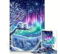 Couple de Chouettes harfangs des neiges sous aurores boréales Puzzle de 1000 pièces pour Adolescents Développe la mémoire Confortable et Relaxant Découpe Ferme Cadeau Festif (50x75cm)