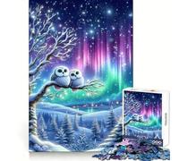 Couple de Chouettes harfangs des neiges sous aurores boréales Puzzle de 1000 pièces pour Adolescents Développe la mémoire Confortable et Relaxant Découpe Ferme Cadeau Festif (50x75cm)