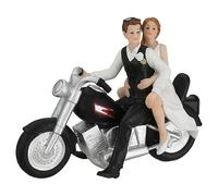 Couple de mariés sur moto | 17 x 13 x 7 cm en polyrésine noir et blanc | Décoration de mariage marié Figurine de gâteau de mariés