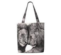 Couples de lions noirs et blancs，Sacs d'épicerie réutilisables, sacs fourre-tout de grande capacité, sac à bandoulière en toile