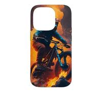 Coureur de vélo de Montagne avec des pneus en feu Coque pour iPhone 14 Pro