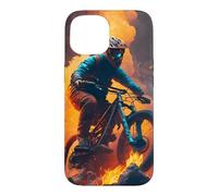 Coureur de vélo de Montagne avec des pneus en feu Coque pour iPhone 15