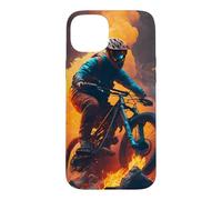 Coureur de vélo de Montagne avec des pneus en feu Coque pour iPhone 15 Plus