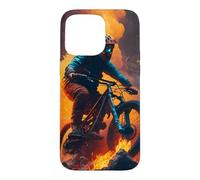 Coureur de vélo de Montagne avec des pneus en feu Coque pour iPhone 15 Pro Max