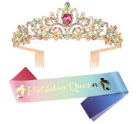 Couronne Anniversaire Decoration Birthday Queen Echarpe Tiare Kit, Coloré Cristal Diademe Accessoire Princesse Tiare Cadeau Fournitures de D'anniversaire Fête pour Fille Adultes