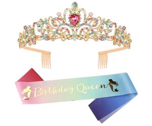 Couronne Anniversaire Decoration Birthday Queen Echarpe Tiare Kit, Coloré Cristal Diademe Accessoire Princesse Tiare Cadeau Fournitures de D'anniversaire Fête pour Fille Adultes