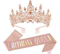 Couronne Anniversaire Rose Or Écharpe Anniversaire Birthday Queen Diadème Couronne Adulte Couronne de Princesse en Cristal Accessoire de Cheveux pour Femme Fête de Mariage Prom Pageant Anniversaire