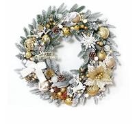 Couronne Artificielle Lumineuse de 20 à 24 Pouces avec Boule de Noël et Pomme de pin, décoration de Noël for Porte d'entrée, Mur, fenêtre(Gold,24 inches)