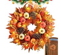 Couronne d’Automne PP - Guirlande en Rotin de 50 cm | Décorations d’Automne avec Feuilles en Soie & Citrouilles Orange | Couronne de Porte pour la Fête des Récoltes, Porte Entrée, Mur, Fenêtre & Chemi
